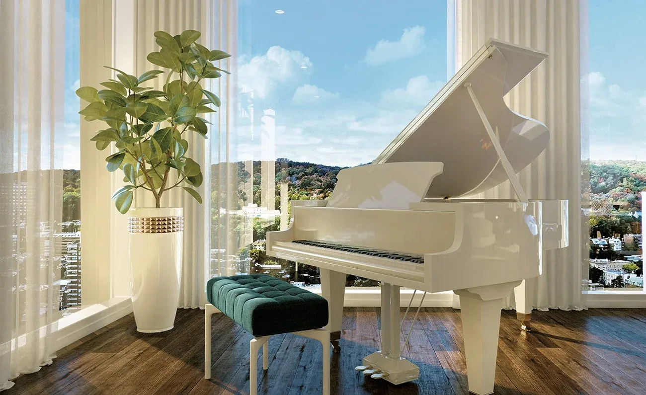 Le Sherbrooke condominium lounge in downtown Montréal, with a grand piano and tall windows