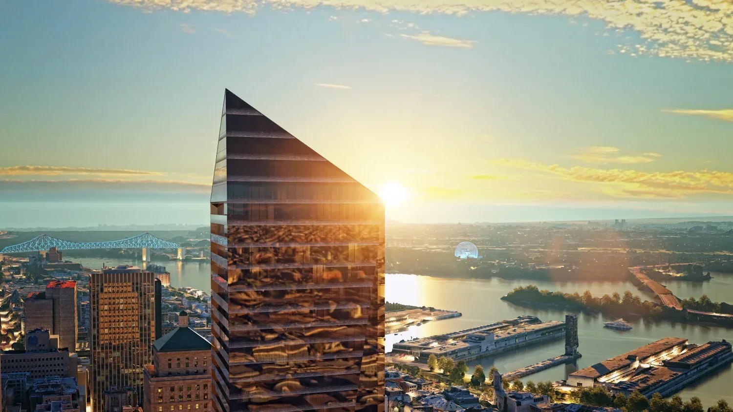 Architectural rendering of Victoria sur le Parc’s angular tower in downtown Montréal