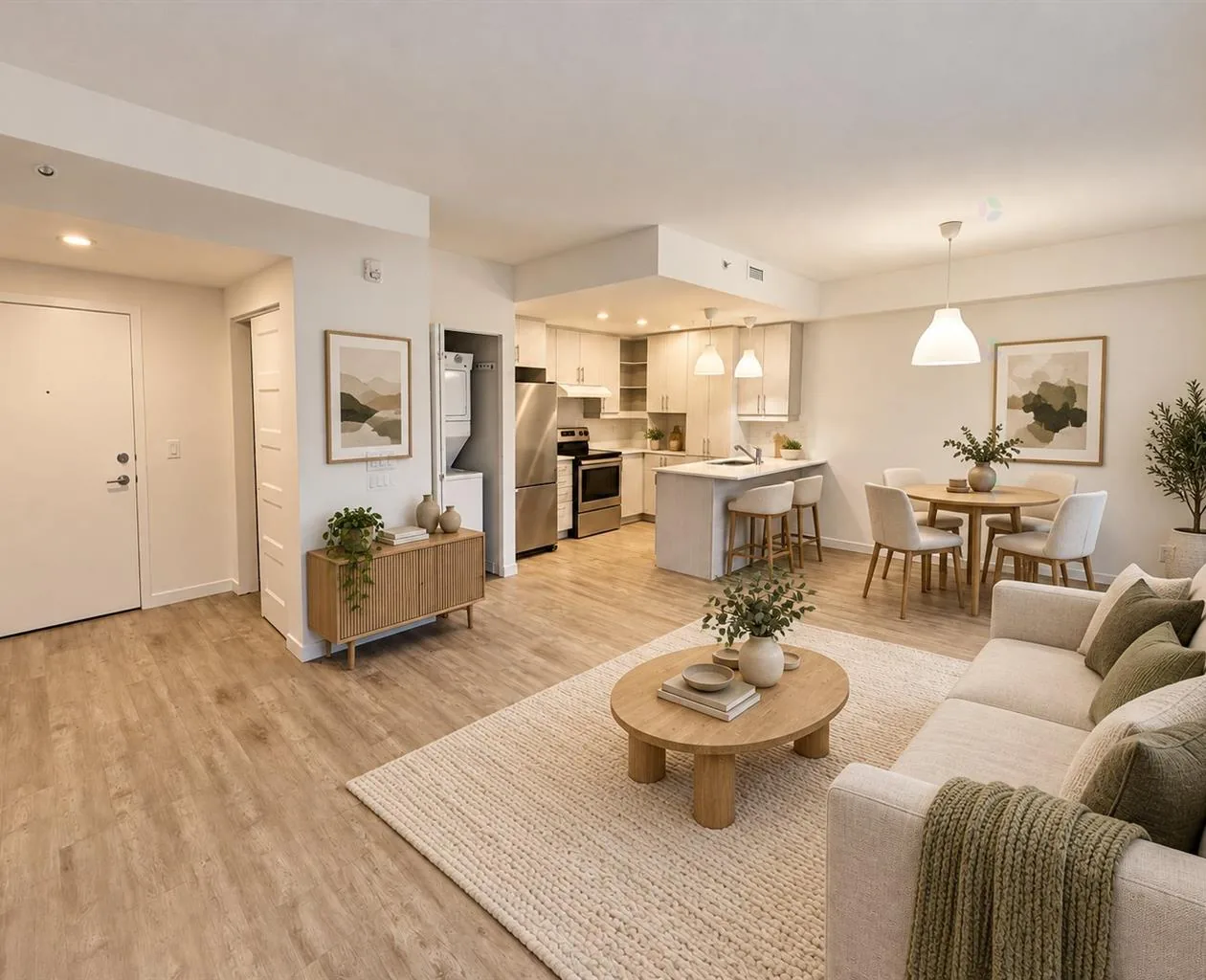 Living room at 205 Terrasse Allaire in Pont-Viau, Laval, with wood floors and a stone fireplace