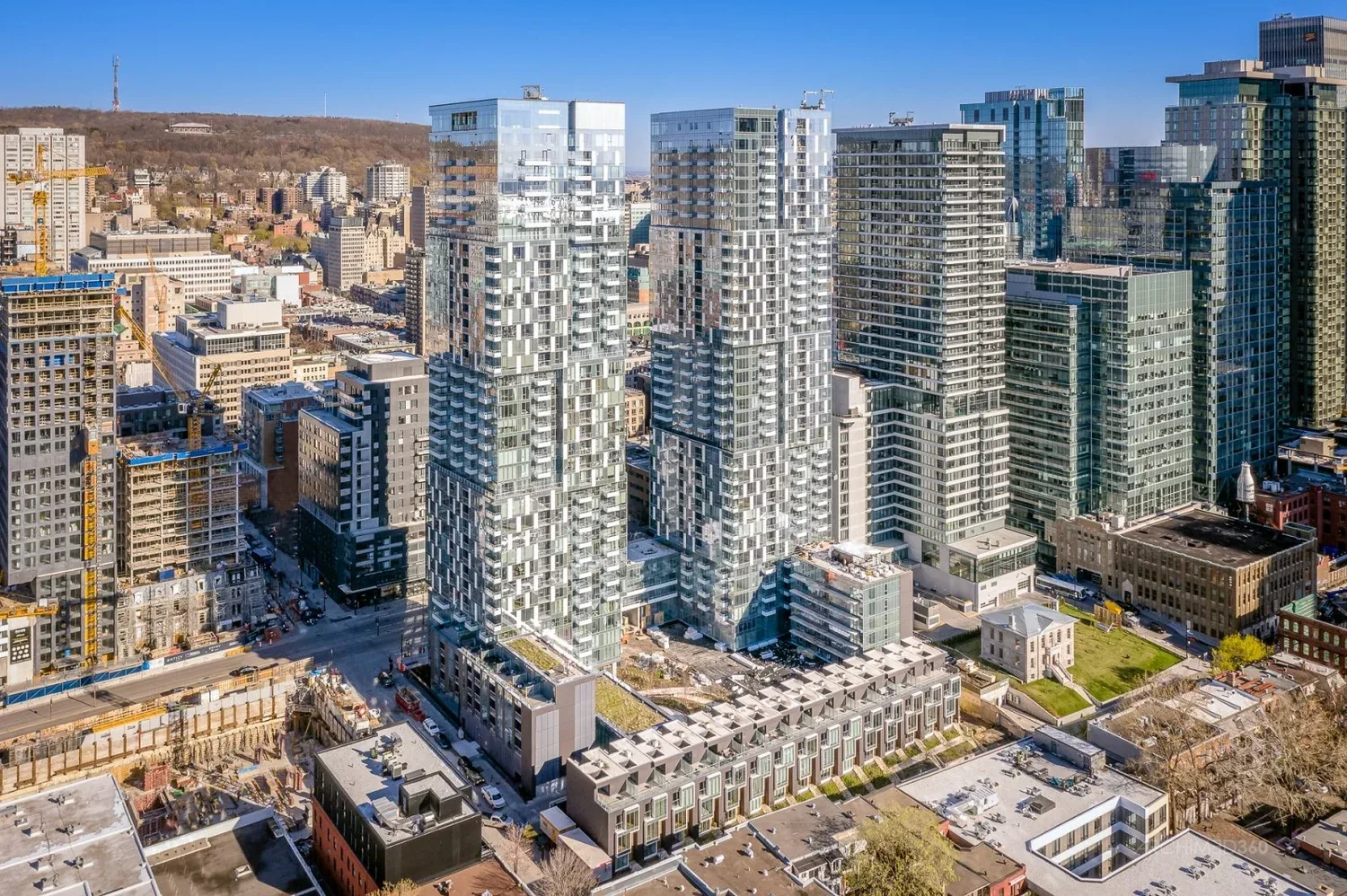 Aerial view of YUL condominium towers in downtown Montréal