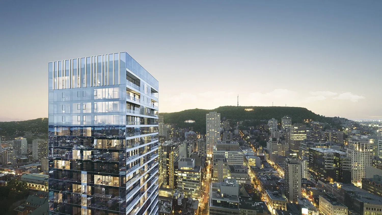 Architectural rendering of the Quinzecent glass condominium tower in Montréal