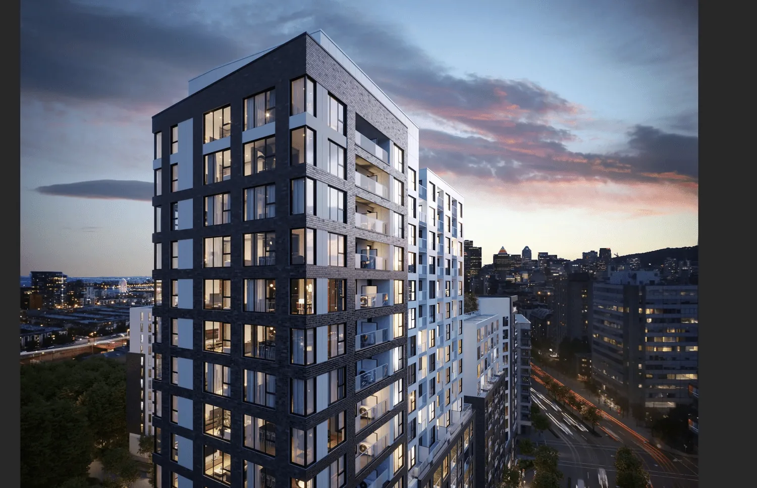 Architectural rendering of Auguste & Louis condominiums in Montréal at dusk
