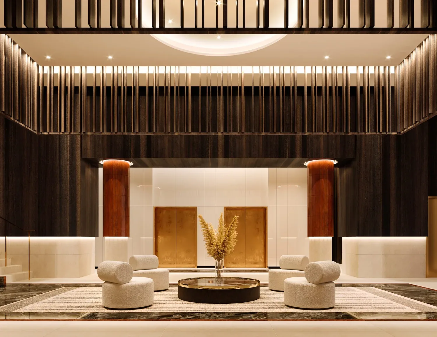 Condominium reception lounge with wood panelling and a stone fireplace