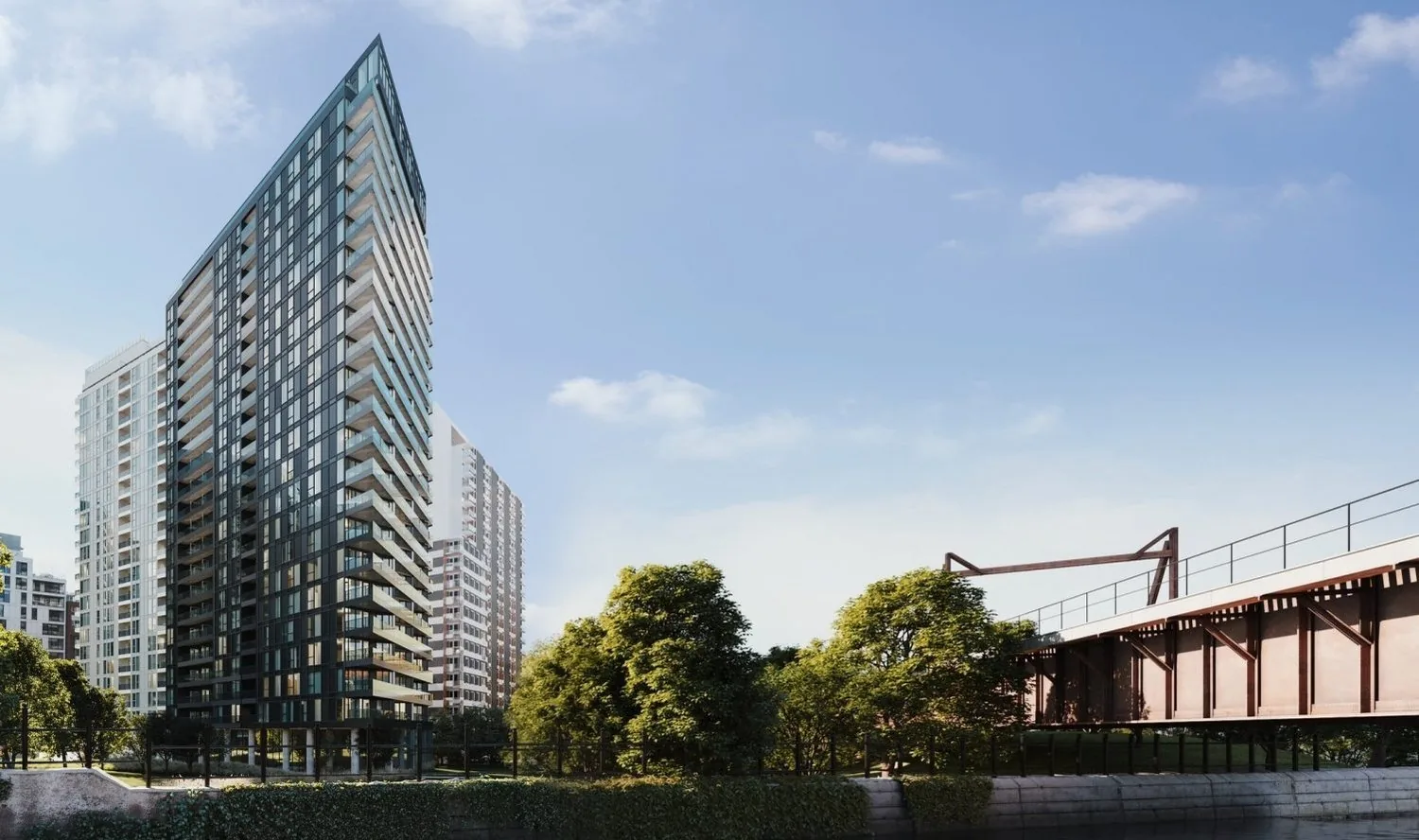 Architectural rendering of Wellington sur le Bassin condominium towers in Griffintown, Montréal
