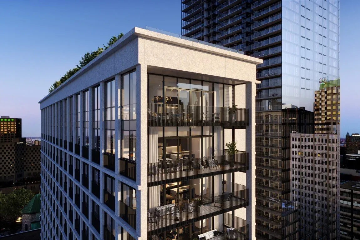 Architectural rendering of 1 Square Phillips in downtown Montréal, with glazed façades