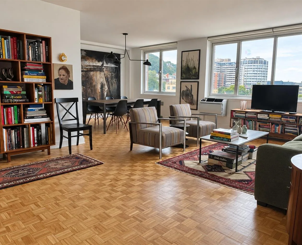 Condominium living room on Avenue du Docteur-Penfield in Ville-Marie, Montréal, with bookshelves and large windows